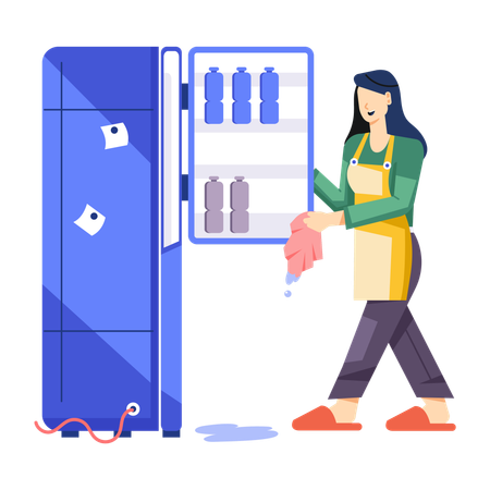 Chica limpiando el refrigerador  Ilustración