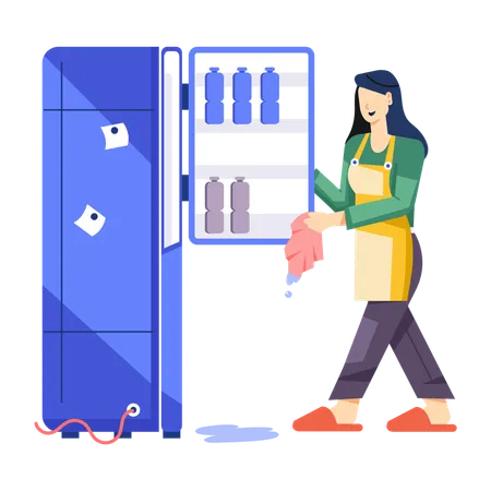 Chica limpiando el refrigerador  Ilustración