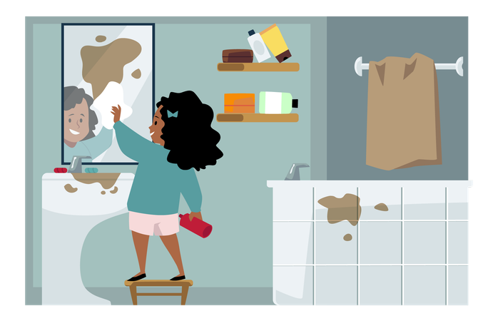 Linda chica limpiando el espejo del baño  Ilustración
