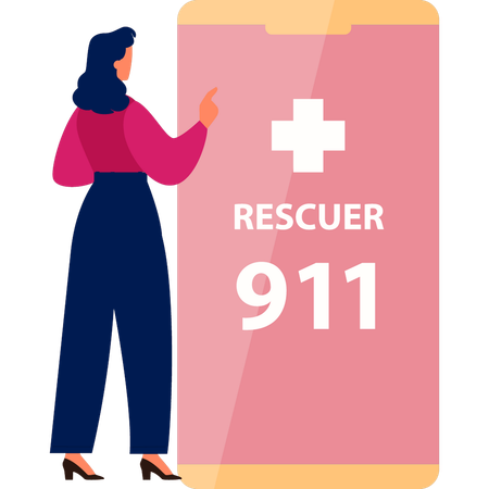 Chica llamando al 911 en línea desde el móvil  Ilustración