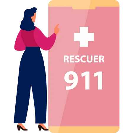 Chica llamando al 911 en línea desde el móvil  Ilustración