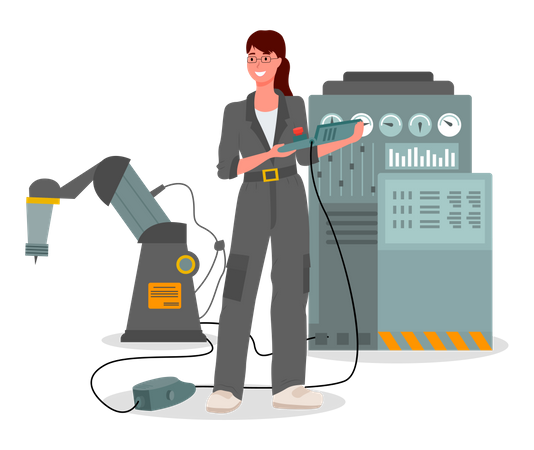 Mecánica chica vestida con un mono de trabajo gris uniforme especial cerca de una máquina industrial  Ilustración