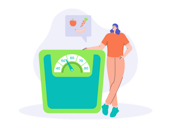 Chica midiendo el peso en una báscula  Ilustración