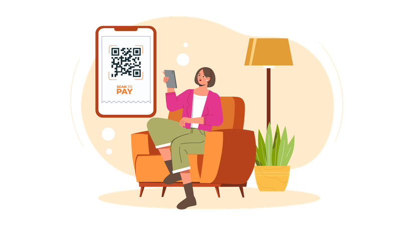 Chica mirando el código QR mientras realiza un pago con código QR  Ilustración