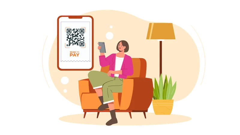 Chica mirando el código QR mientras realiza un pago con código QR  Ilustración