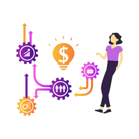 Chica mirando la configuración de negocios financieros  Ilustración