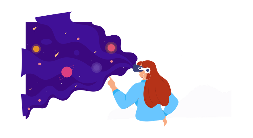 Chica mirando la galaxia usando gafas VR  Ilustración