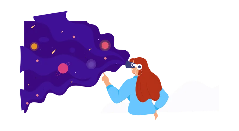 Chica mirando la galaxia usando gafas VR  Ilustración