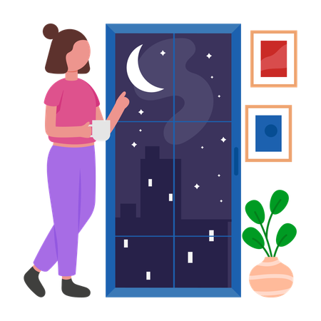 Chica mirando la luna  Ilustración