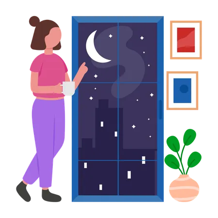 Chica mirando la luna  Ilustración