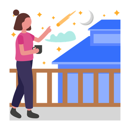 Chica mirando las estrellas en el balcón  Ilustración