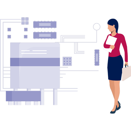 Chica mirando el control del aprendizaje automático de big data  Ilustración