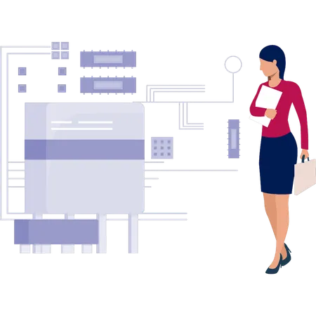 Chica mirando el control del aprendizaje automático de big data  Ilustración