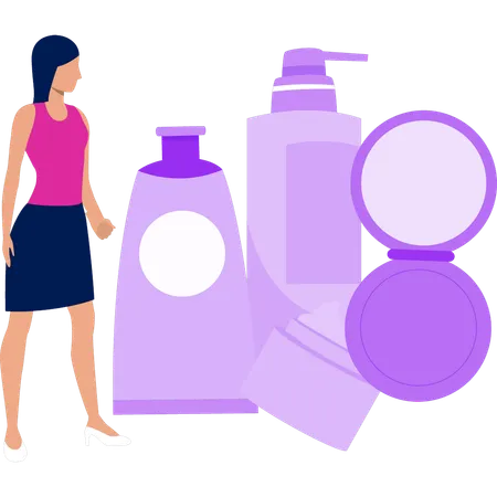 Chica mirando productos de belleza para promoción.  Ilustración