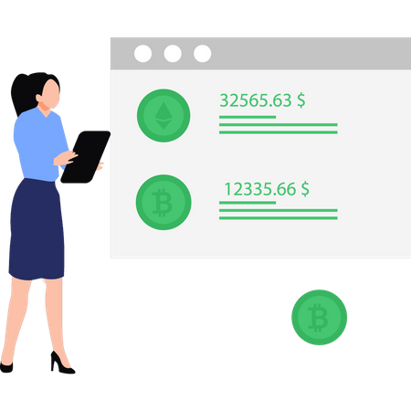 Chica mirando la tasa de criptomonedas en línea  Illustration