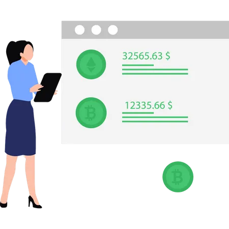 Chica mirando la tasa de criptomonedas en línea  Illustration