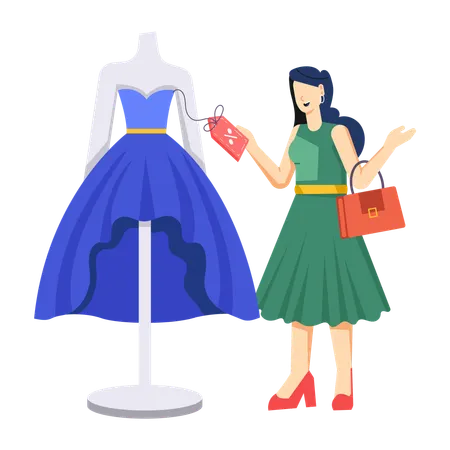 Chica mirando vestido en ropa con descuento  Ilustración