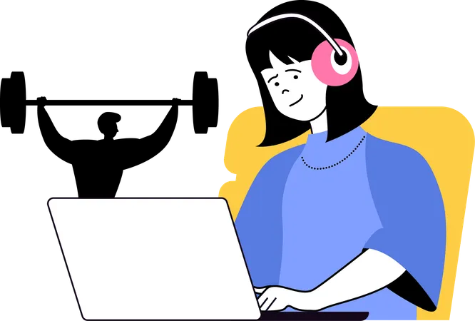 Chica viendo un vídeo de gimnasia online  Ilustración