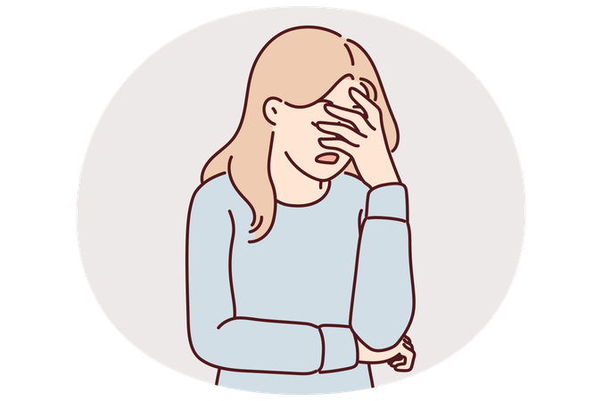 Niña molesta se cubre la cara con la mano debido al estrés y la falta de fuerza para resolver el problema  Ilustración
