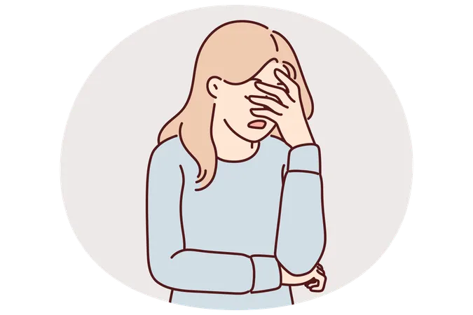 Niña molesta se cubre la cara con la mano debido al estrés y la falta de fuerza para resolver el problema  Ilustración