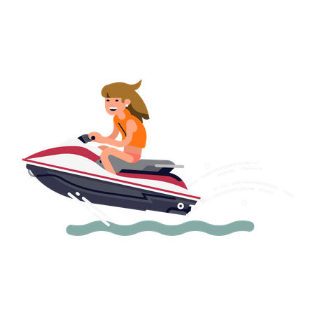 Chica montando moto acuática  Ilustración