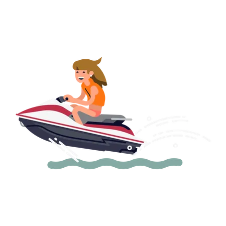 Chica montando moto acuática  Ilustración