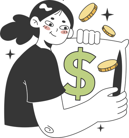 Chica mostrando almohada de dólar  Ilustración