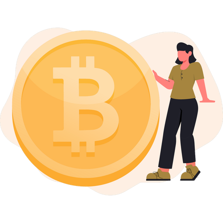 Chica mostrando bitcoin dorado  Ilustración