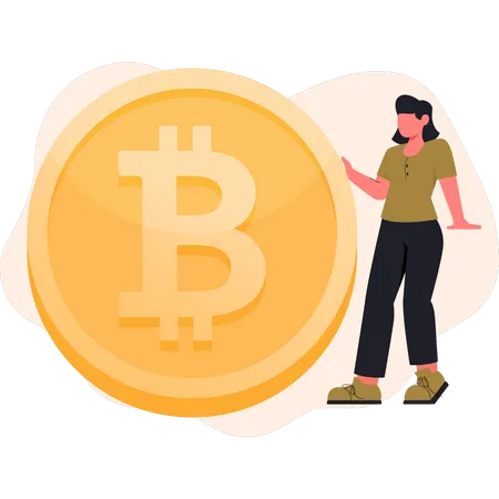 Chica mostrando bitcoin dorado  Ilustración