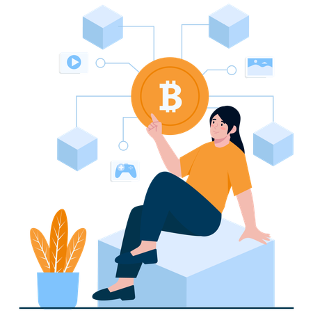 Niña mostrando Bitcoin y contenido digital  Ilustración