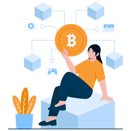 Niña mostrando Bitcoin y contenido digital  Ilustración