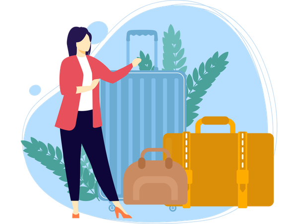 Chica mostrando bolsas de viaje  Ilustración