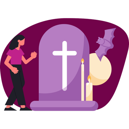 Niña mostrando cementerio de Halloween  Ilustración