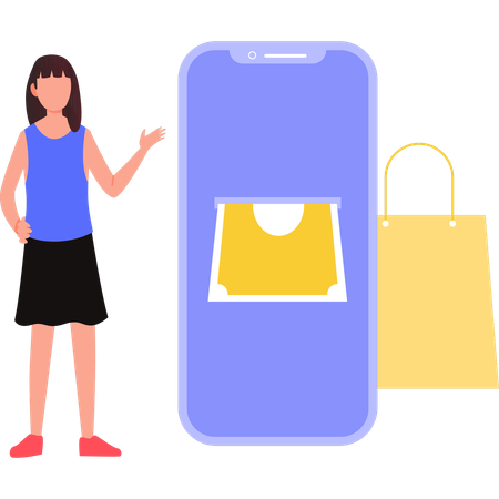 Chica mostrando compras en línea en un teléfono inteligente  Ilustración