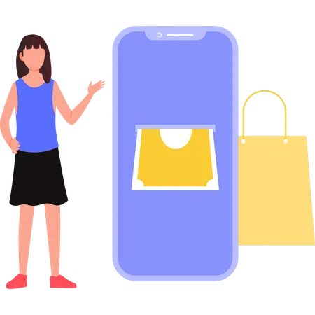 Chica mostrando compras en línea en un teléfono inteligente  Ilustración