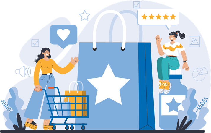 Chica mostrando reseña de compras  Ilustración