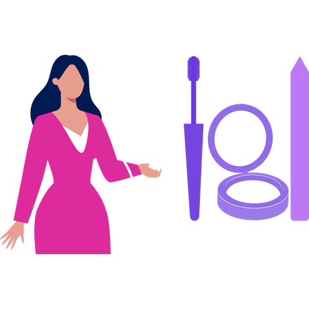 Chica mostrando diferentes productos de maquillaje.  Ilustración
