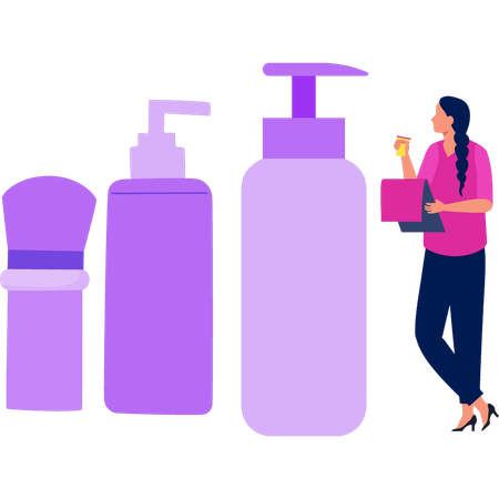 Chica mostrando diferentes productos para el cuidado de la piel.  Ilustración