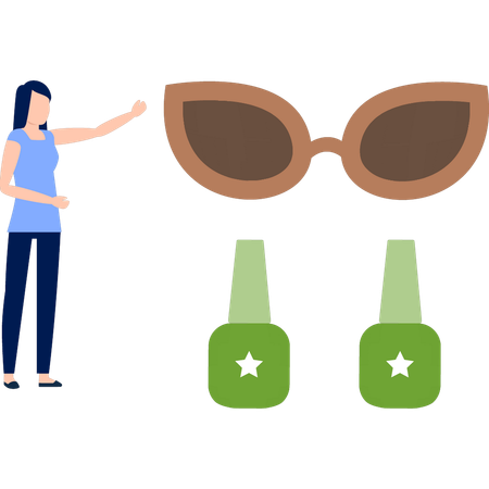 Chica mostrando esmalte de uñas y gafas.  Ilustración