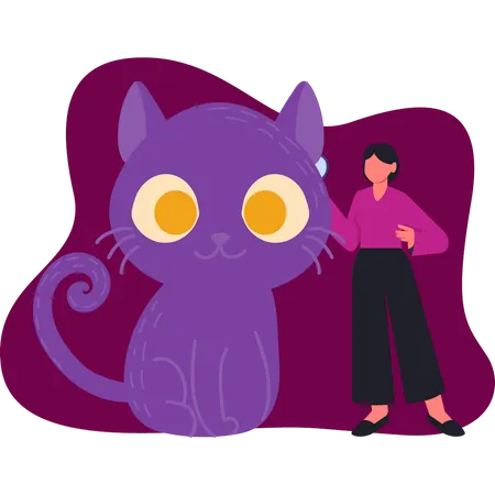 Niña mostrando gato morado de Halloween  Ilustración