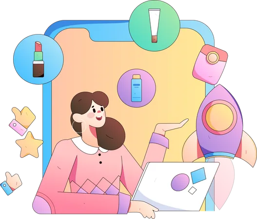 Chica mostrando producto de maquillaje en línea  Ilustración