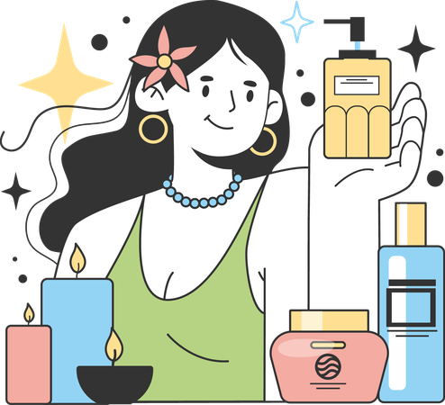 Chica mostrando productos de belleza  Ilustración