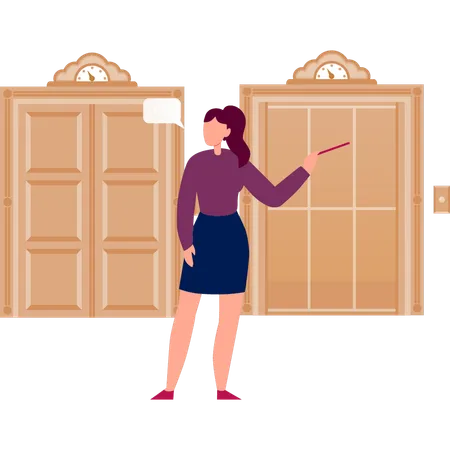 Chica mostrando puerta cerrada  Ilustración