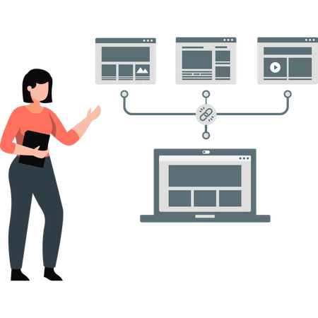 Chica que muestra la transferencia de datos de una computadora portátil a otra  Ilustración