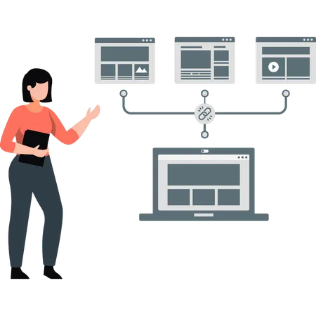 Chica que muestra la transferencia de datos de una computadora portátil a otra  Ilustración