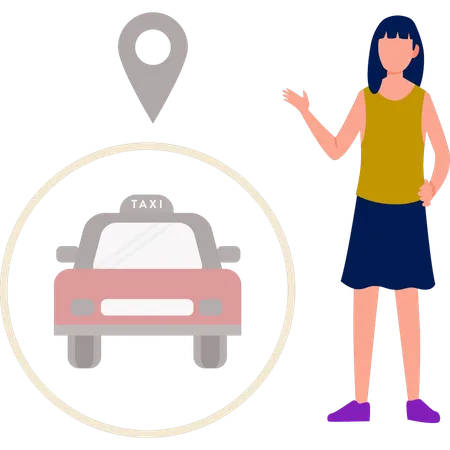 Chica mostrando la ubicación del taxi  Ilustración