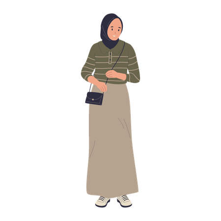 Chica musulmana de pie con vestido hijab  Ilustración