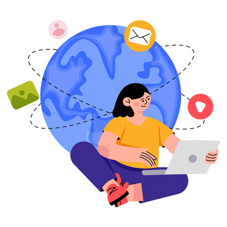 Chica navegando por contenido global en línea  Ilustración