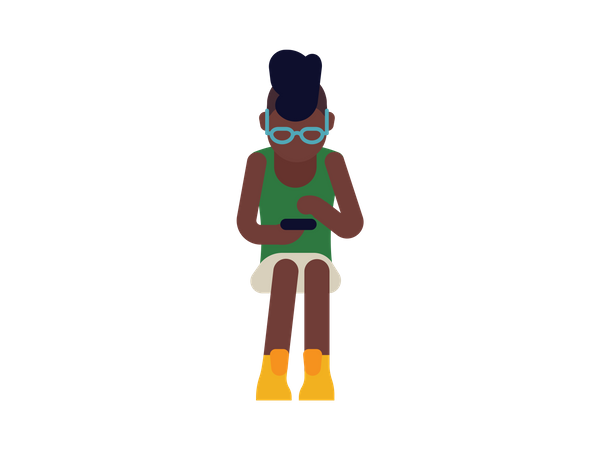 Chica negra navegando por internet en su teléfono  Ilustración