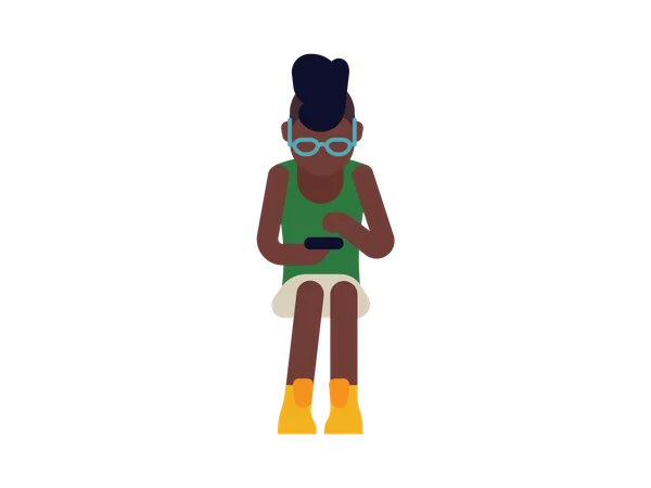 Chica negra navegando por internet en su teléfono  Ilustración